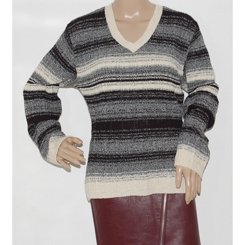 H&M Damen Gestreifter Pullover in Schwarz-Weiß-Grau mit V-Ausschnitt, in Größe S/M - Bild Nr.1