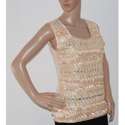 Elegante Damen Netz-Kurzarm Bluse mit Strassteinchen ~ Farbe Beige ~ Größe 40 - Bild Nr.1