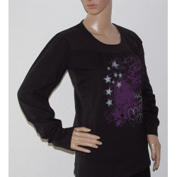 Damen T-Shirt Schwarz, mit langen Ärmeln, Aufdruck & Falten ~ Größe S/M ~ Bild Nr.1