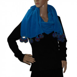 Damen Polyester Schal -in Blitzblau -mit bunten Bommeln