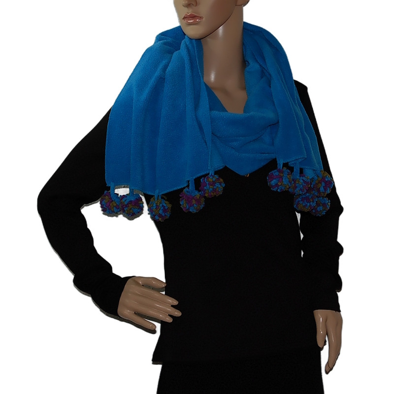 Damen Polyester Schal -in Blitzblau -mit bunten Bommeln