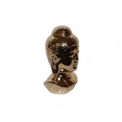 Seitliche Ansicht Buddha Kopf Figur in goldener Hochglanz Optik aus Porzellan als stilvolle Deko