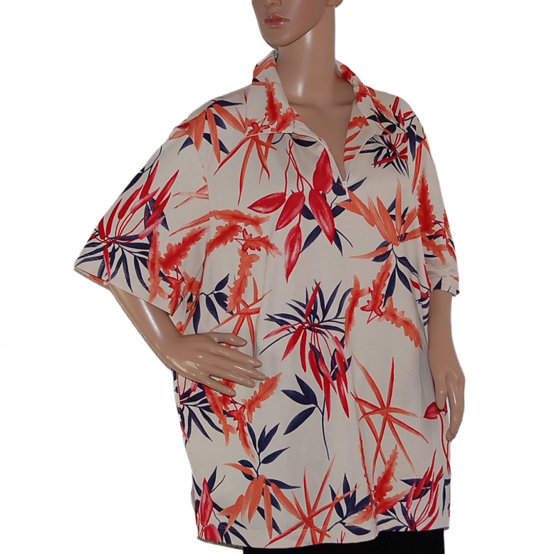 Neuwertiges BARUCH Damen T-Shirt in Übergröße 52/58, beige mit buntem Blattmuster, locker und sehr elastisch