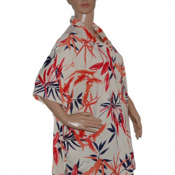 BARUCH Damen T-Shirt Übergröße 52/58 mit seitlichen Schlitzen, beige mit Orange-, Dunkelblau- und Rot-Blättern