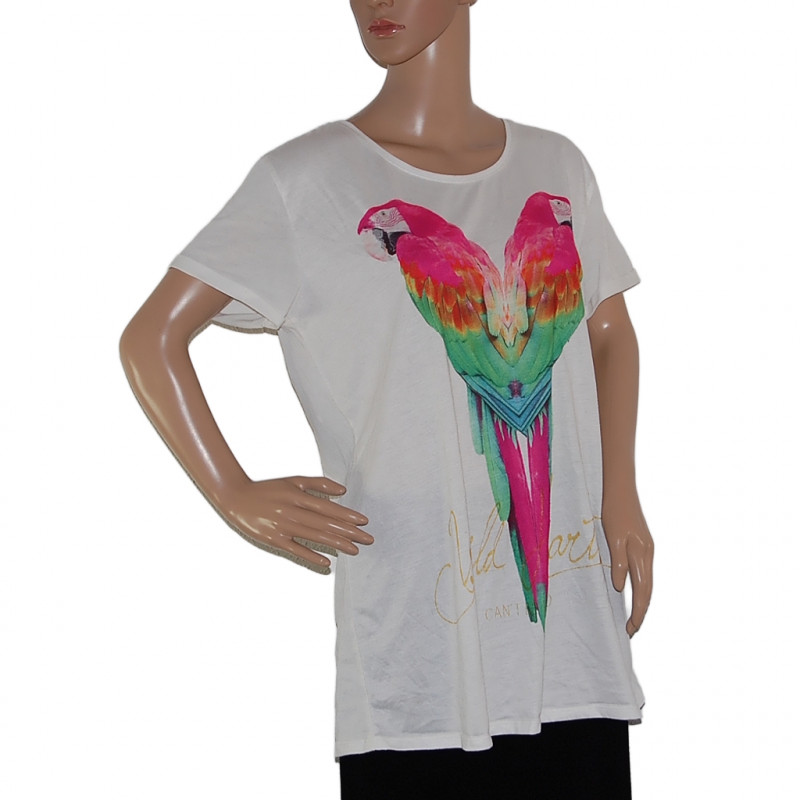 Jean Pascale Damen T-Shirt Weiß mit buntem Papageien-Motiv Größe L/XL Vorderansicht