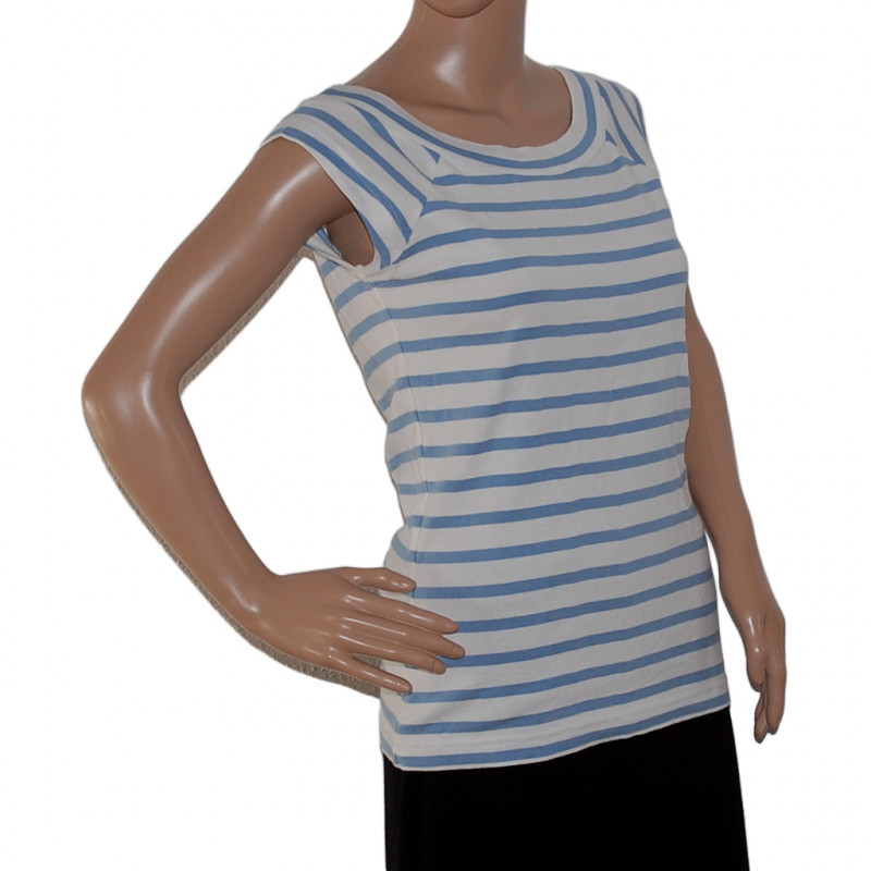 Biaggini Damen T-Shirt Hellblau Weiß gestreift Rundhals Größe M Vorderansicht