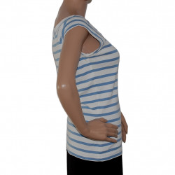 Damen Kurzarmshirt mit leicht ausgestellten Ärmeln Streifen Hellblau Weiß Detail