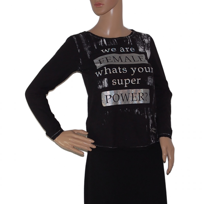 KEY LARGO Damen Langarm-Shirt Schwarz mit Glitzer Schriftzug - we are FEMALE whats your super POWER - in Größe XS