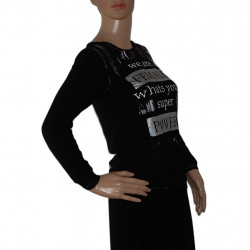 KEY LARGO Damen Shirt Rundhals und Langarm, mit Silber Glitzer Print vorne, Baumwolle Schwarz - XS