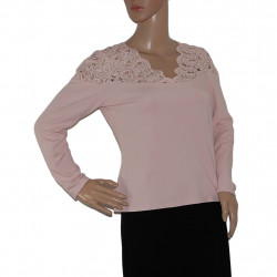 ORSAY Damen Langarmshirt in zartem Rosa mit floraler Spitze am V-Ausschnitt, Größe M, Länge 55 cm, neuwertig