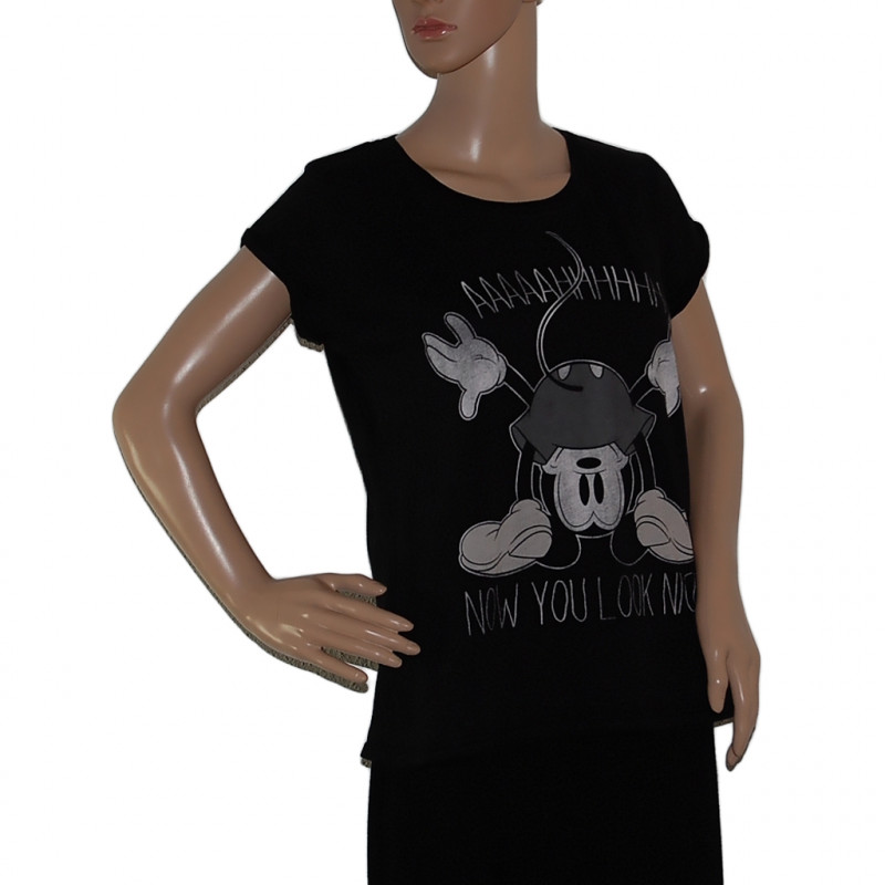 Mickey Maus Damen T-Shirt in Schwarz mit großem Print und Rundhalsausschnitt, Größe M/L, Länge 60 cm, neuwertig