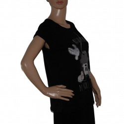 Detail des lustigen Mickey-Mouse-Motivs mit silbergrauer Schrift auf schwarzem Damen T-Shirt