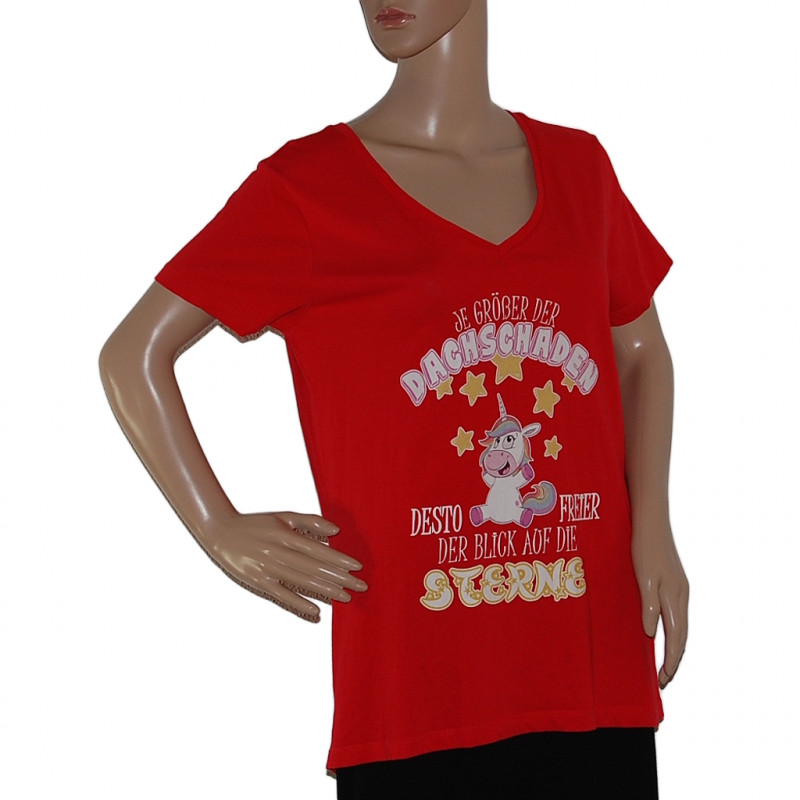 Rotes Einhorn Damen T-Shirt mit großem bunten Print und Rundhalsausschnitt, Größe M/L, Länge 65 cm